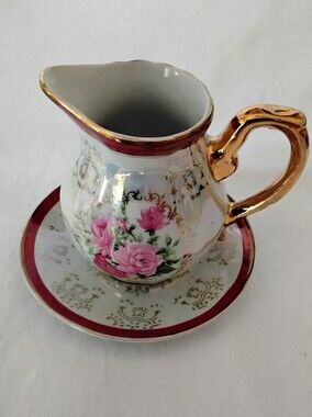 Vtg Hand Painted Pink Rose Porcelain Creamer and Saucer with Gold Trim
